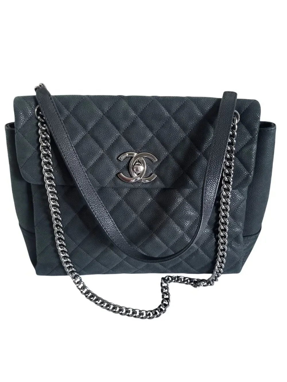 Chanel Lady Pearly Flap Shopping Tote 2013 Black Caviar Leather Silver Hardware